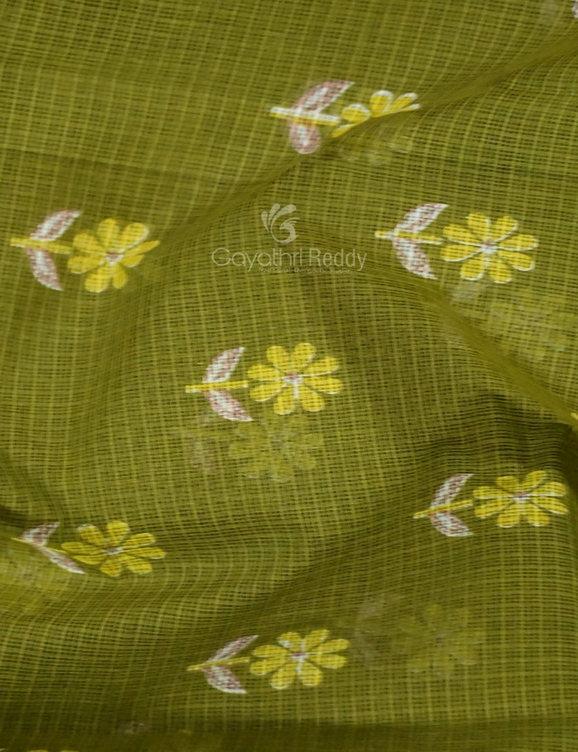 Mehendi Green And Lime Green Block Print Pure Kota Cotton Saree By Gayathri Reddy Designer Studio | Swadesiicart