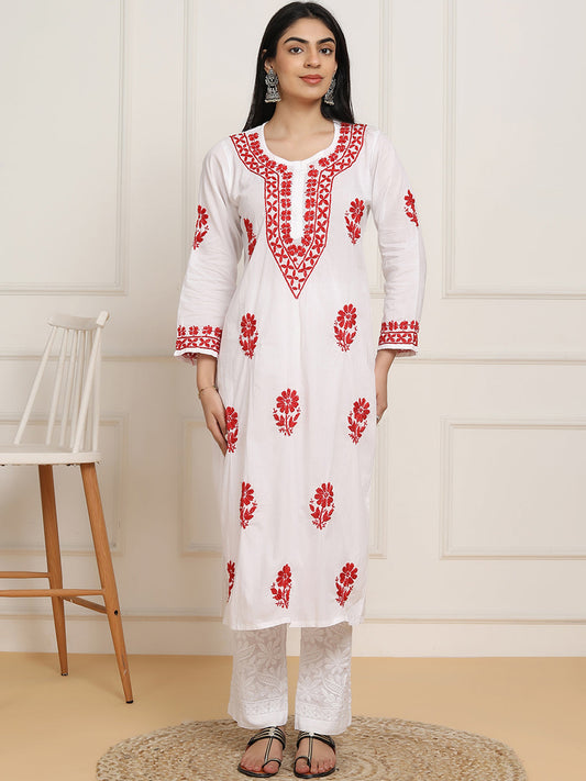 HOUSE OF KARI Women Floral Embroidered Regular Chikankari Pure Cotton Kurta with Trousers | Swadesiicart