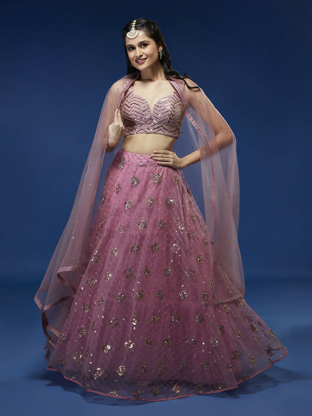 House of Panchhi Pink Net Sequinse Embroidered Lehenga & Blouse with Dupatta | Swadesiicart