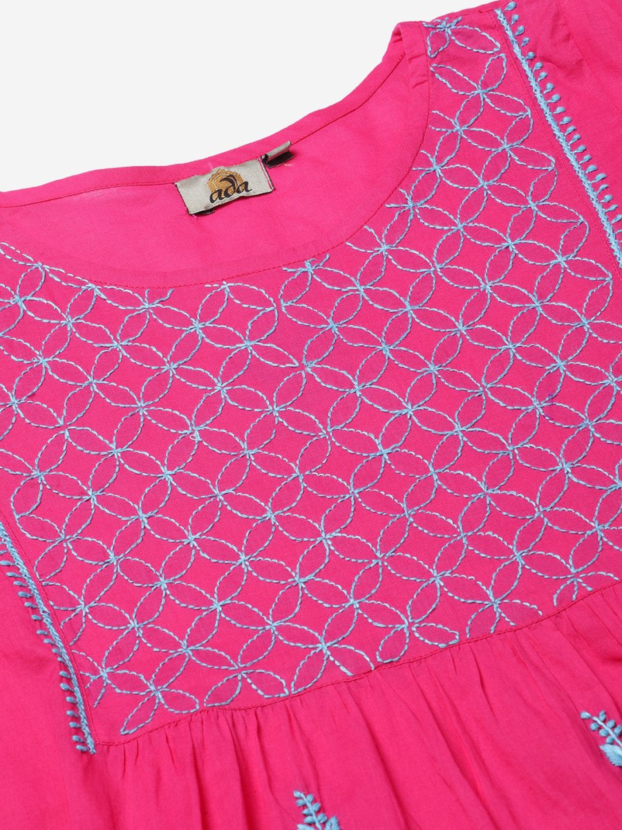 ADA Women Pink & Blue Chikankari Embroidered Cotton Handloom Kurta with Trousers | Swadesiicart