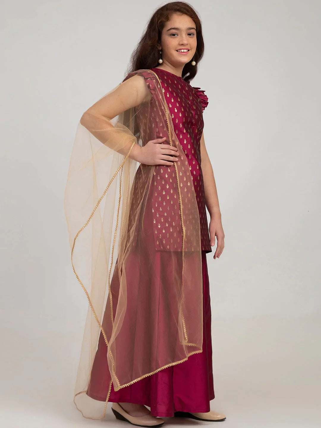 NOZ2TOZ Burgundy Embroidered Kurta with Sharara & With Dupatta For Girls | Swadesiicart