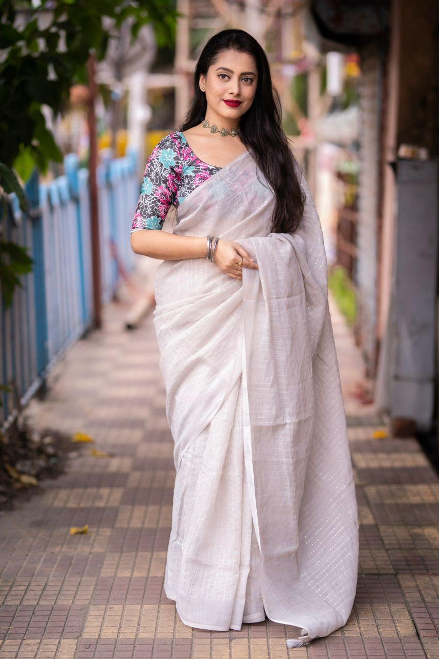 Grey Linen Sequence Saree with Unstitched Blouse - Hiral Fashion | Swadesiicart