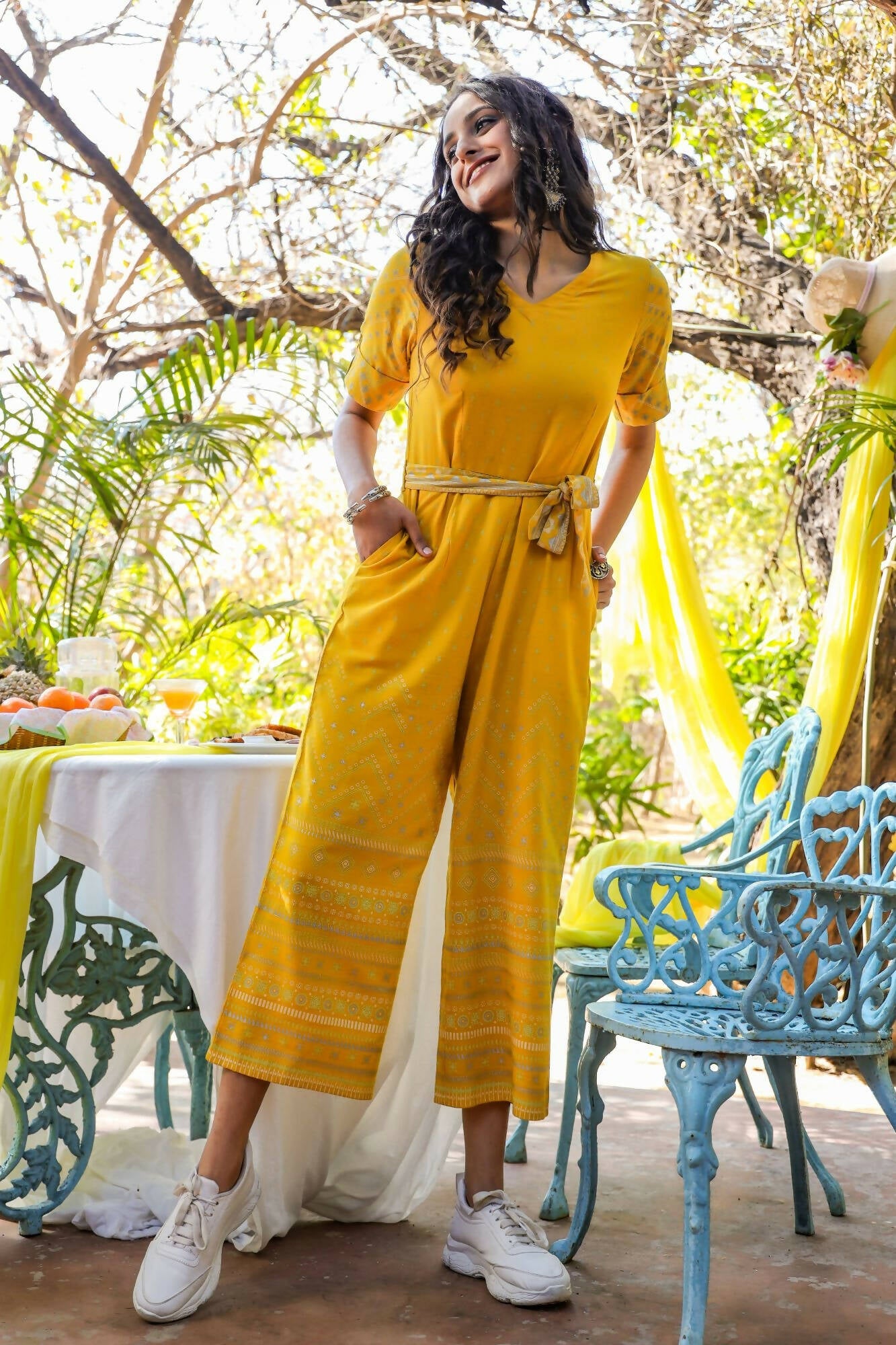 Juniper Women Mustard Rayon Flex Printed Straight Jumpsuit - Swadesiicart