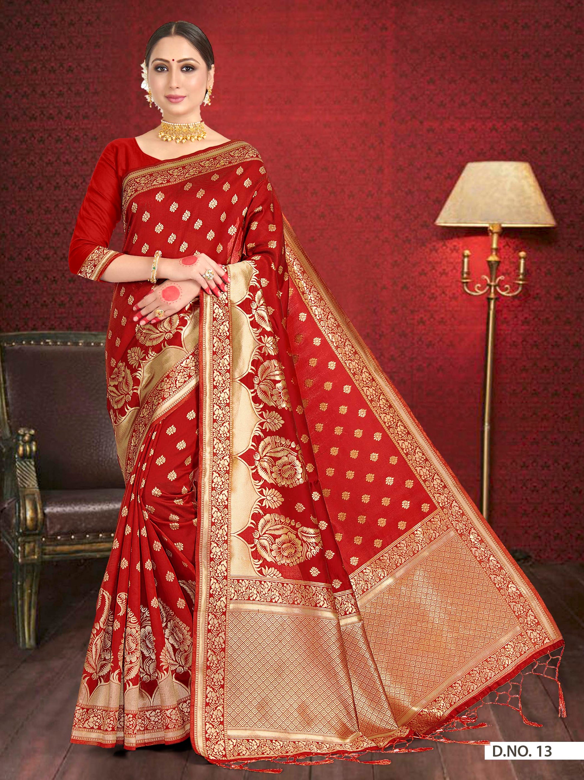 Vardha Crimson Red Woven Zari Floral Banarasi Saree | Swadesiicart