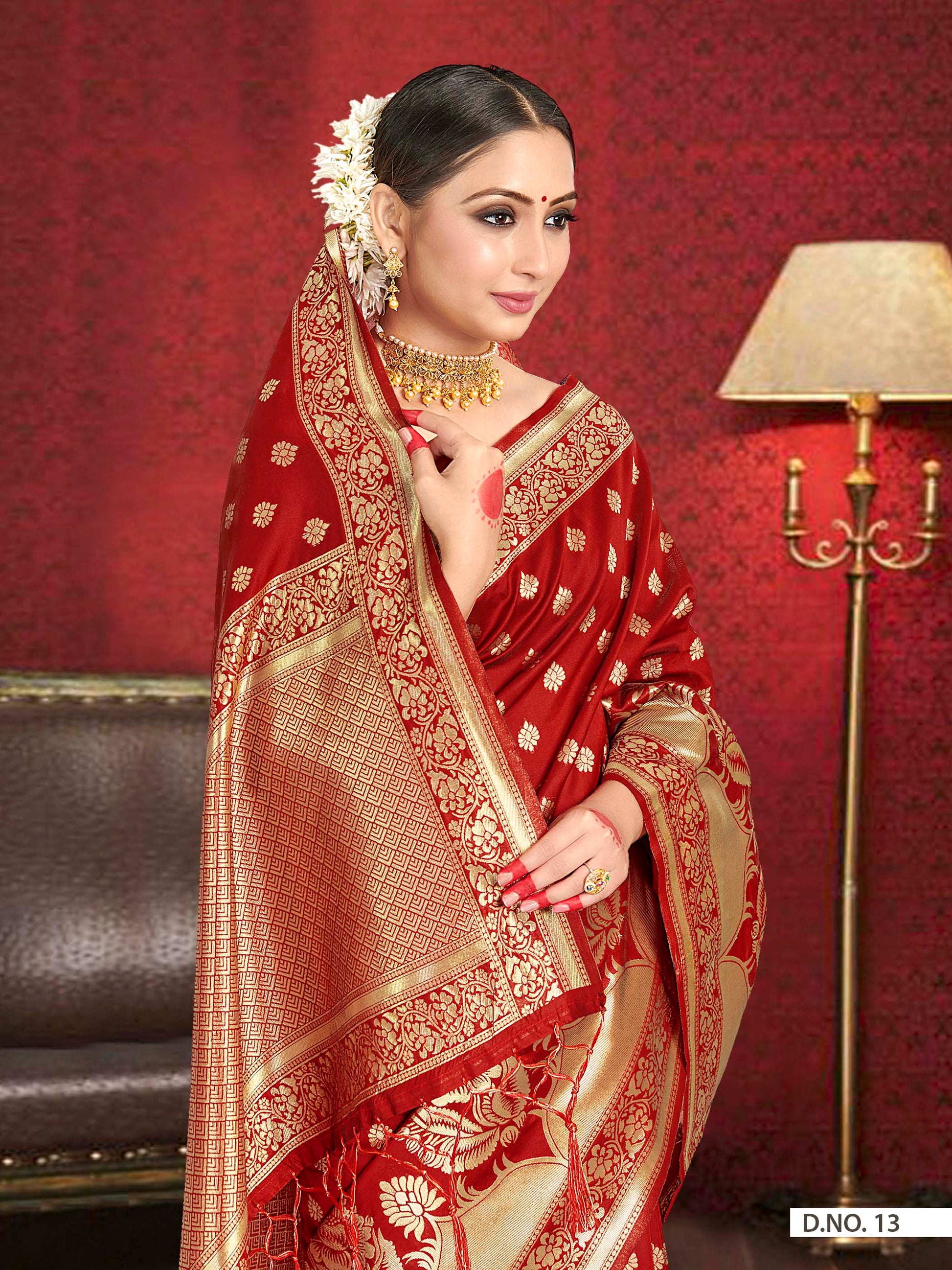 Vardha Crimson Red Woven Zari Floral Banarasi Saree | Swadesiicart
