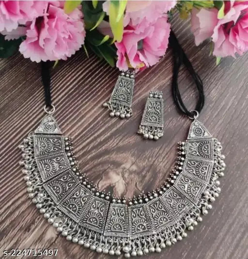 Tehzeeb Creations Women's German Silver Oxidised Necklace And Earrings - Swadesiicart
