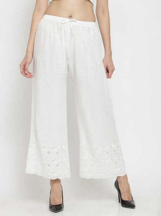 PAVONINE White Color Half Schiffli Chikankari Rayon Fabric Palazzo For Women | Swadesiicart
