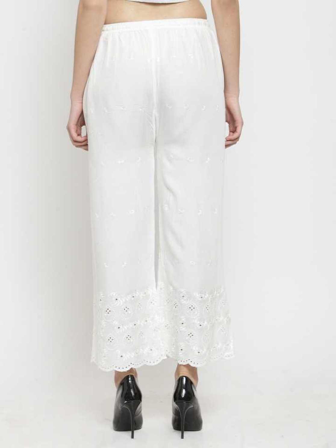 PAVONINE White Color Half Schiffli Chikankari Rayon Fabric Palazzo For Women | Swadesiicart