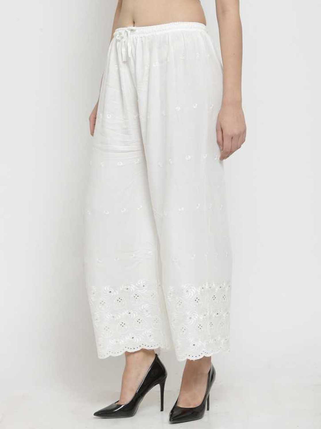 PAVONINE White Color Half Schiffli Chikankari Rayon Fabric Palazzo For Women | Swadesiicart