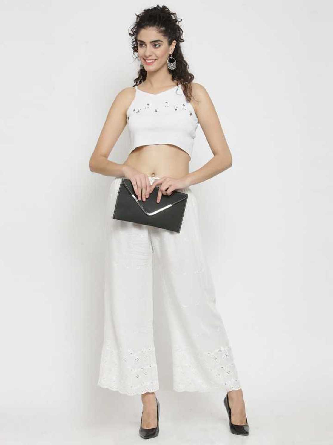 PAVONINE White Color Half Schiffli Chikankari Rayon Fabric Palazzo For Women | Swadesiicart