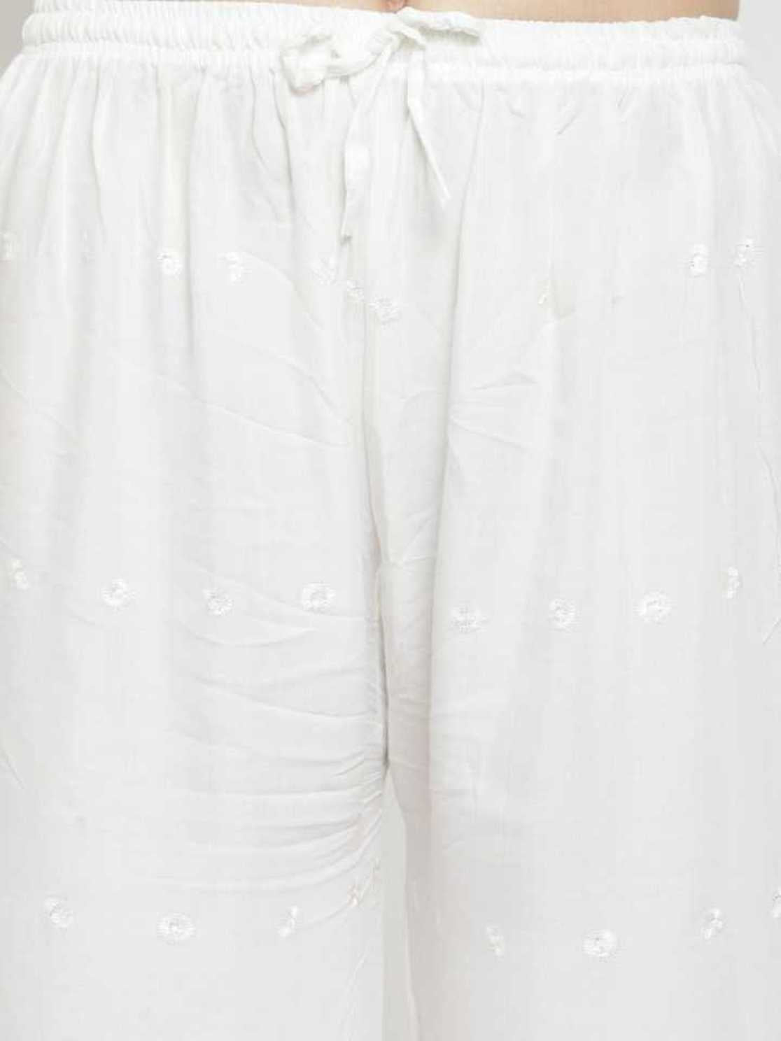 PAVONINE White Color Half Schiffli Chikankari Rayon Fabric Palazzo For Women | Swadesiicart