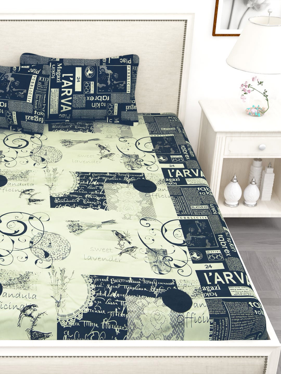 Story@home Blue & Off White Conversational King Bedsheet with 2 Pillow Covers - Swadesiicart