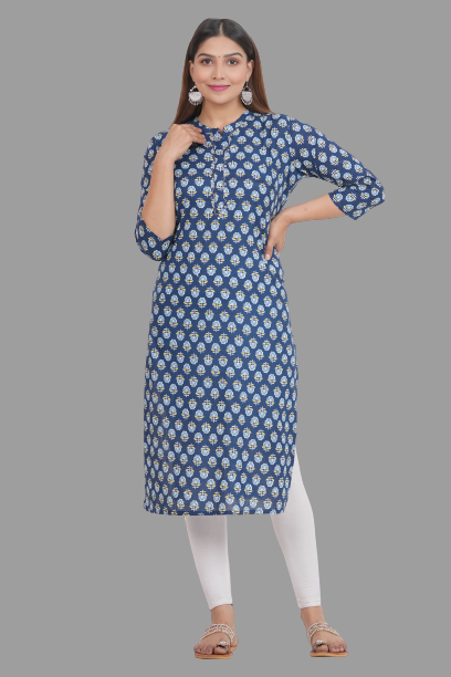 House of RP Women's Blue Cotton Floral Print Straight Kurta | Swadesiicart