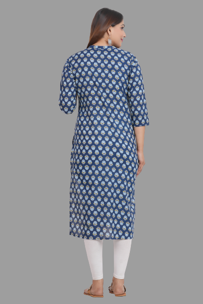 House of RP Women's Blue Cotton Floral Print Straight Kurta | Swadesiicart