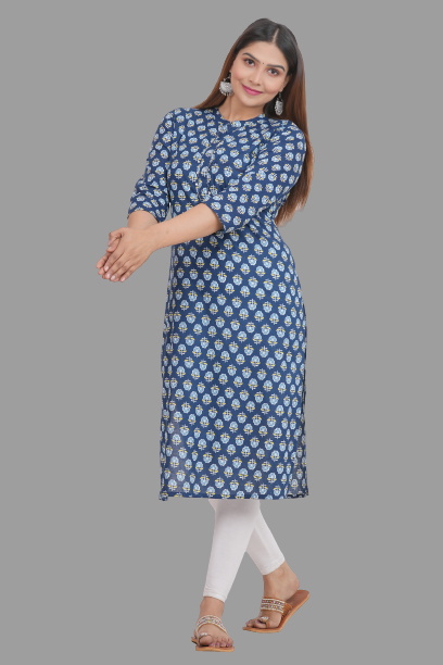 House of RP Women's Blue Cotton Floral Print Straight Kurta | Swadesiicart