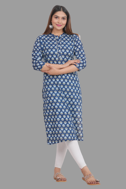 House of RP Women's Blue Cotton Floral Print Straight Kurta | Swadesiicart