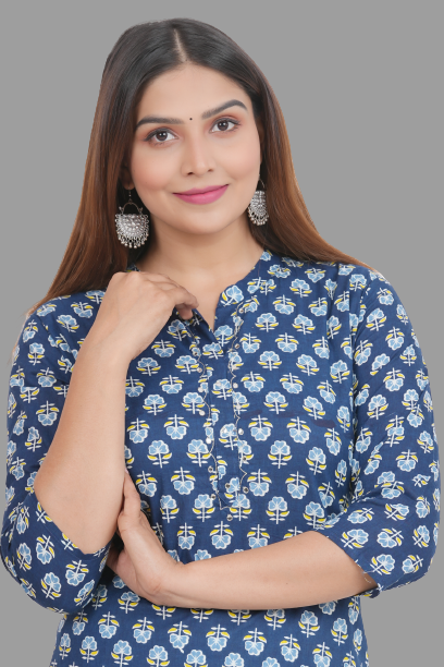 House of RP Women's Blue Cotton Floral Print Straight Kurta | Swadesiicart