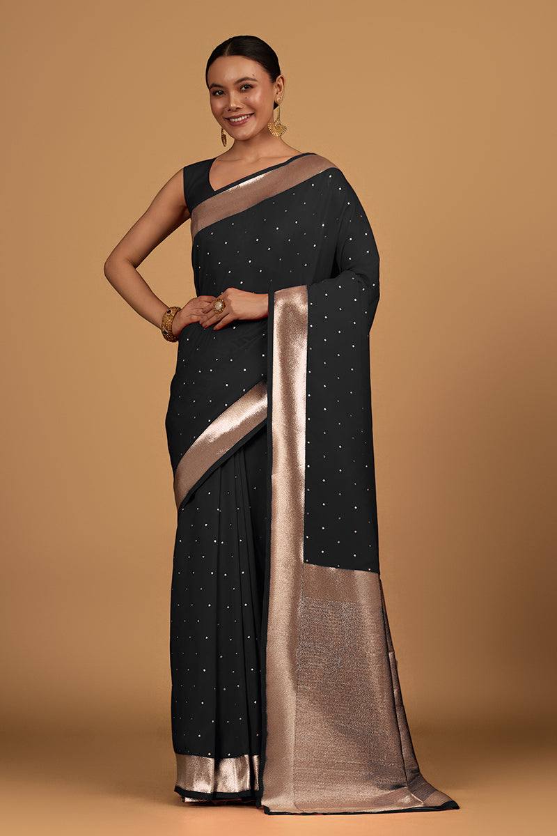 Monjolika Fashion Black Color Elegant Banarasi Silk SareeWith Gold Zari Weaving Work | Swadesiicart