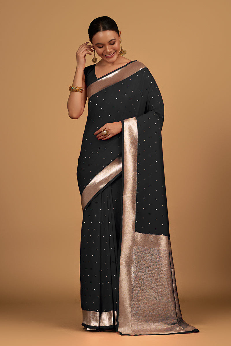 Monjolika Fashion Black Color Elegant Banarasi Silk SareeWith Gold Zari Weaving Work | Swadesiicart