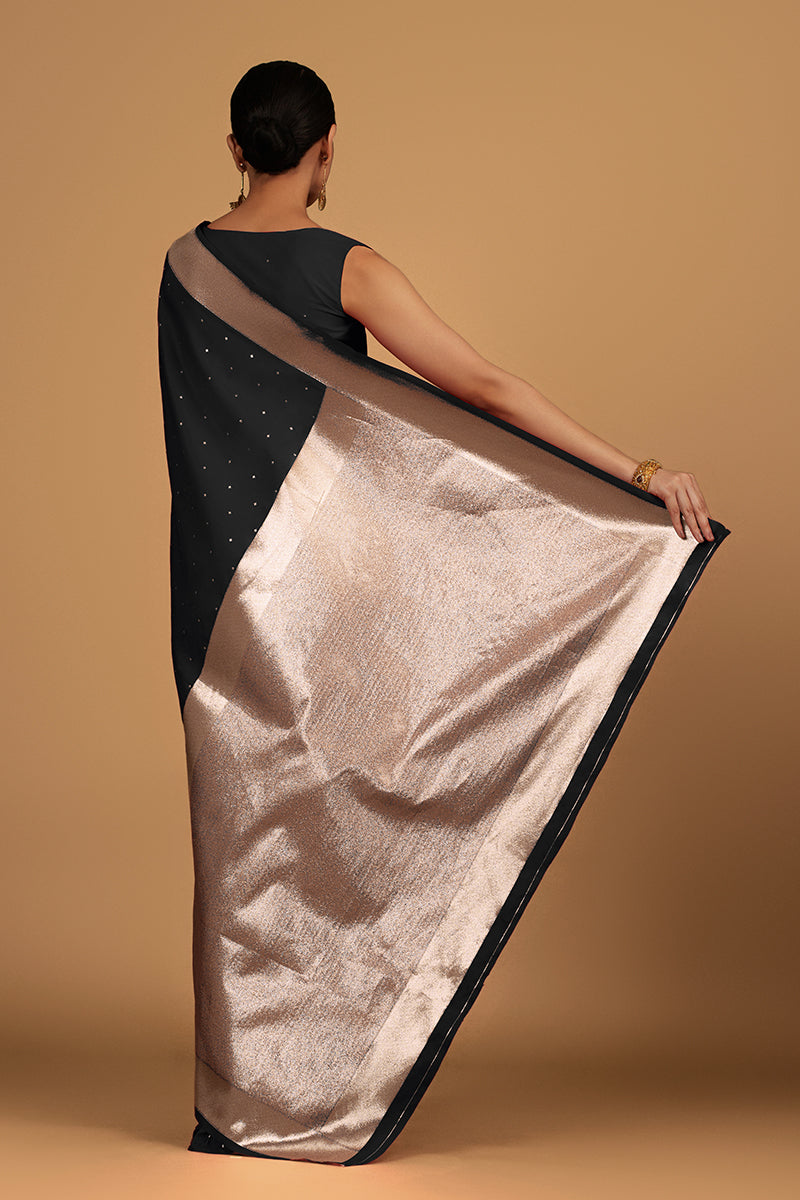Monjolika Fashion Black Color Elegant Banarasi Silk SareeWith Gold Zari Weaving Work | Swadesiicart