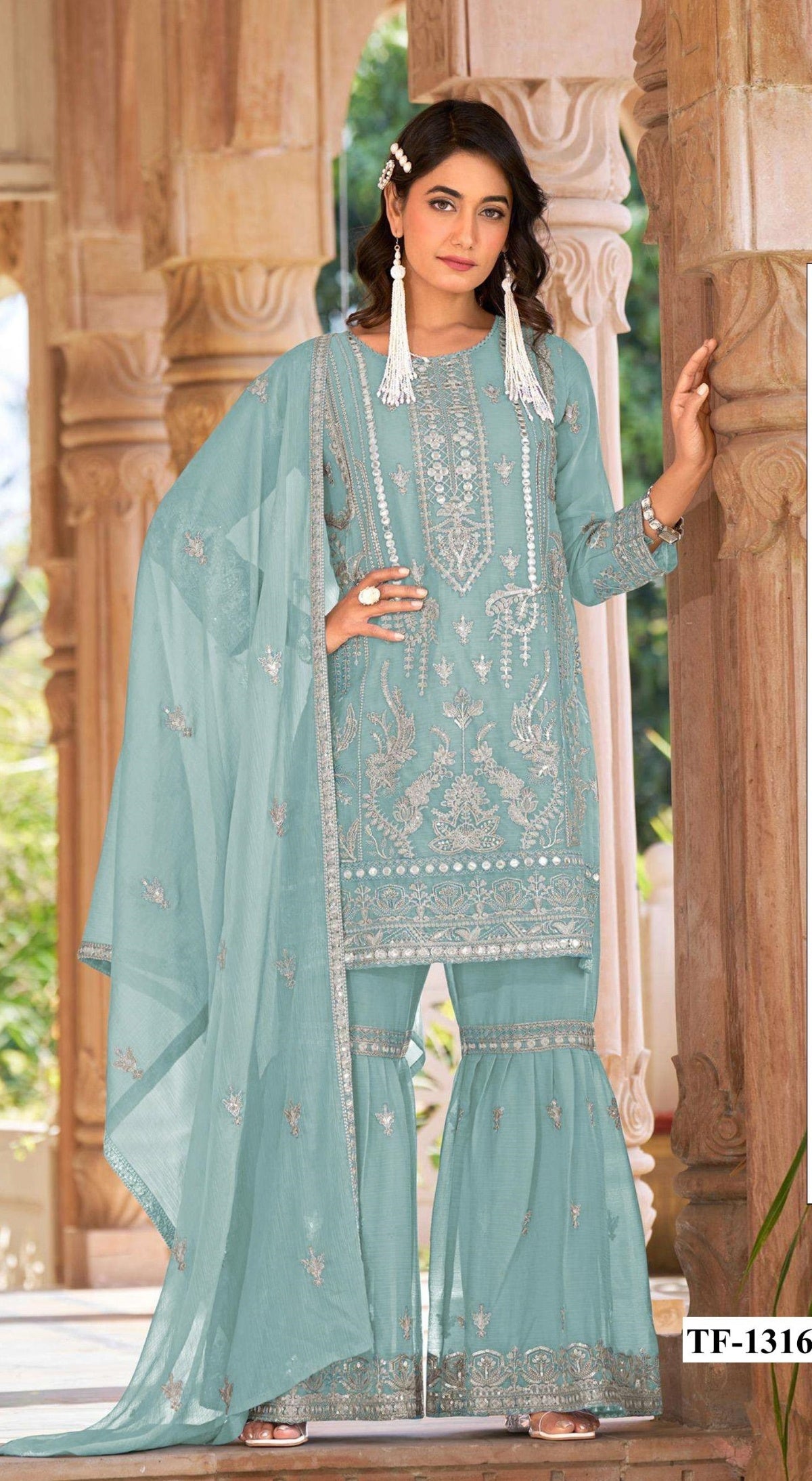 Anaita Sky Blue Nylon Organza Suit With Embroidery & Mirror Work