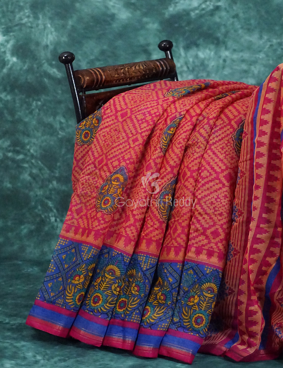 Light Orange And Pink Colour Printed Semi Chanderi Saree By Gayathri Reddy Designer Studio | Swadesiicart