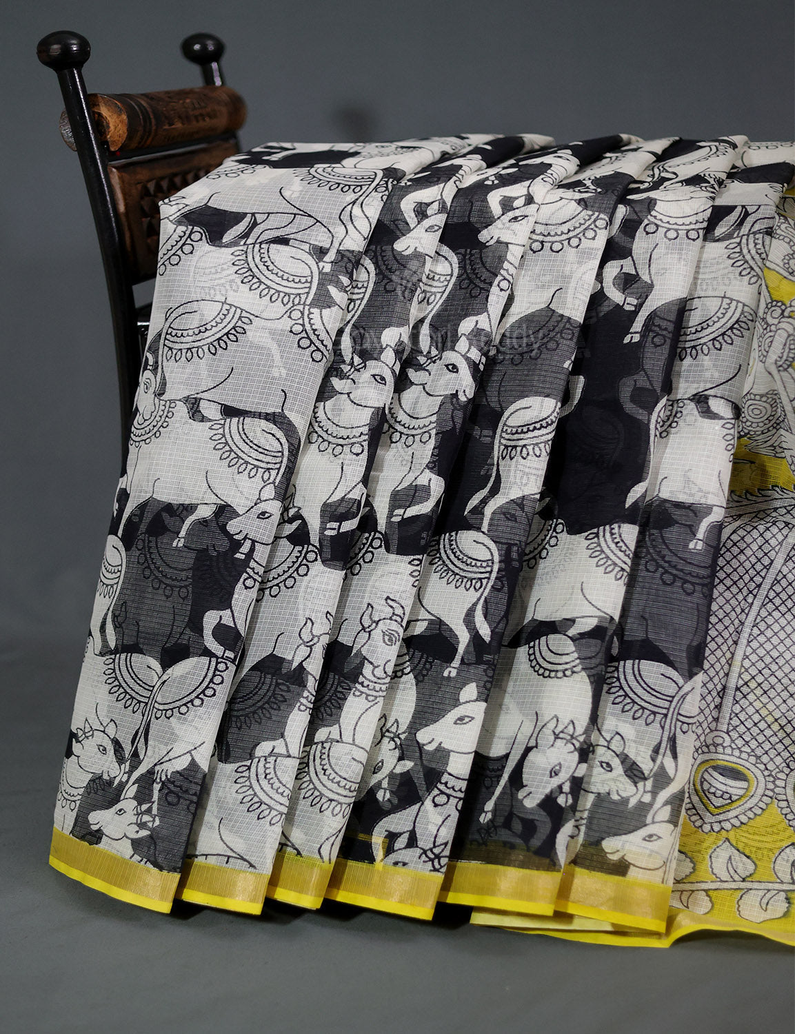 Black Colour Block Print Contrast Blouse Pure Kota Cotton Saree By Gayathri Reddy Designer Studio | Swadesiicart