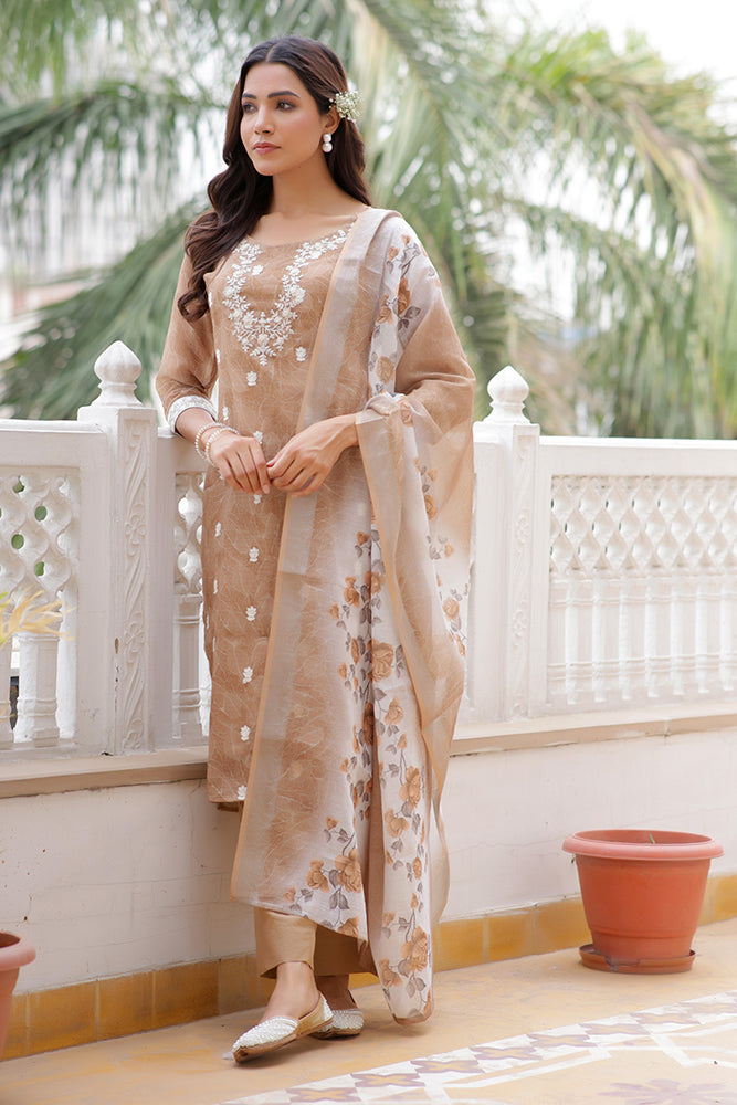 Vaasva Women Brown Linen Kurta Embroidered Kurta Set With Solid Pants & Dupatta | Swadesiicart