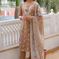 Vaasva Women Brown Linen Kurta Embroidered Kurta Set With Solid Pants & Dupatta | Swadesiicart