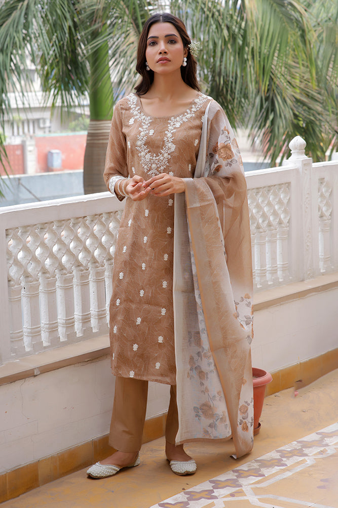 Vaasva Women Brown Linen Kurta Embroidered Kurta Set With Solid Pants & Dupatta | Swadesiicart