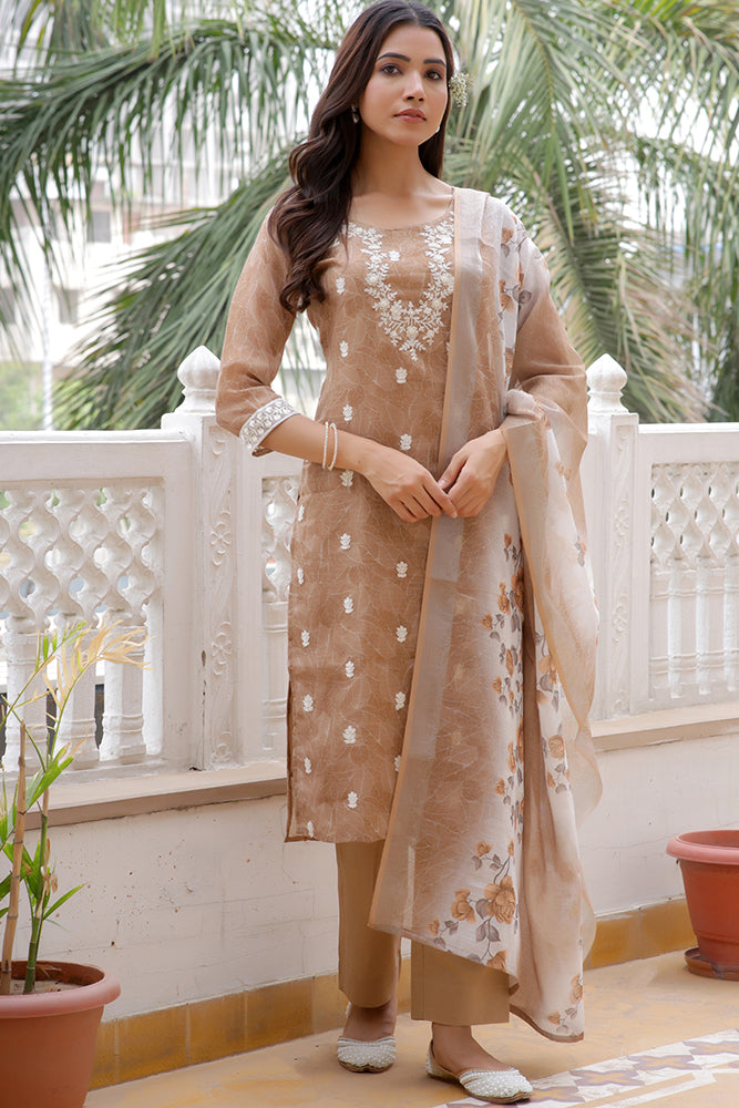 Vaasva Women Brown Linen Kurta Embroidered Kurta Set With Solid Pants & Dupatta | Swadesiicart