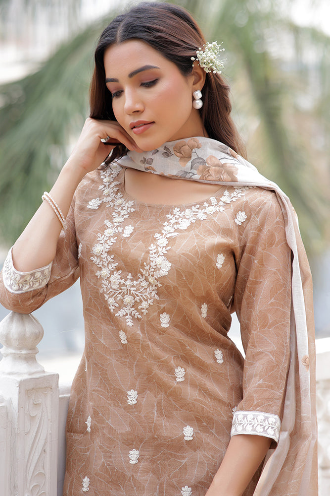 Vaasva Women Brown Linen Kurta Embroidered Kurta Set With Solid Pants & Dupatta | Swadesiicart