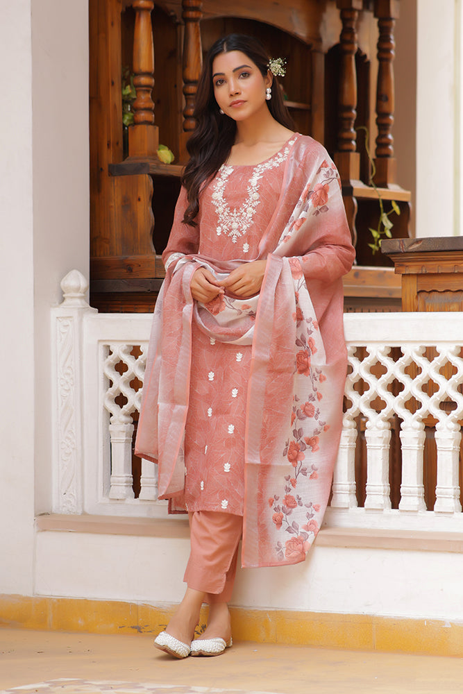 Vaasva Women Pink Linen Kurta Embroidered Kurta Set With Solid Pants & Dupatta | Swadesiicart