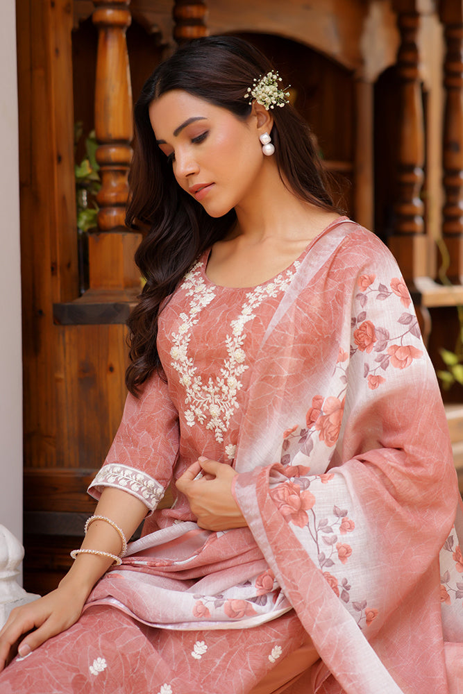 Vaasva Women Pink Linen Kurta Embroidered Kurta Set With Solid Pants & Dupatta | Swadesiicart