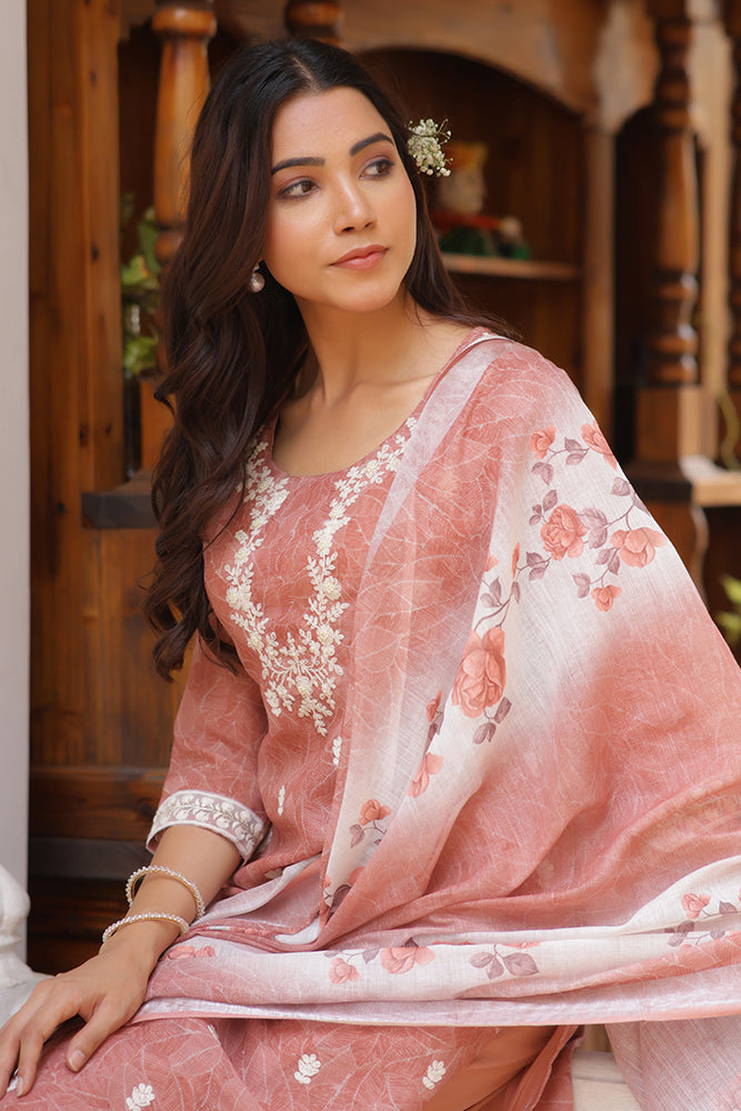 Vaasva Women Pink Linen Kurta Embroidered Kurta Set With Solid Pants & Dupatta | Swadesiicart
