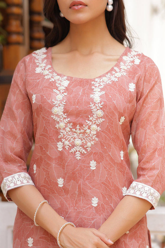 Vaasva Women Pink Linen Kurta Embroidered Kurta Set With Solid Pants & Dupatta | Swadesiicart