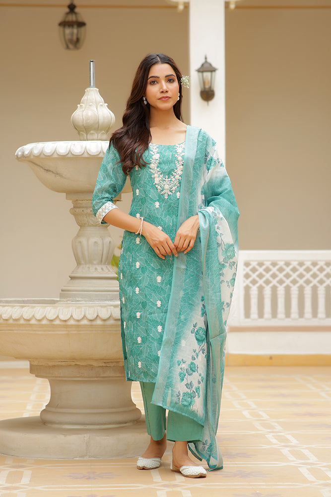 Vaasva Women Green Linen Kurta Embroidered Kurta Set With Solid Pants & Dupatta | Swadesiicart