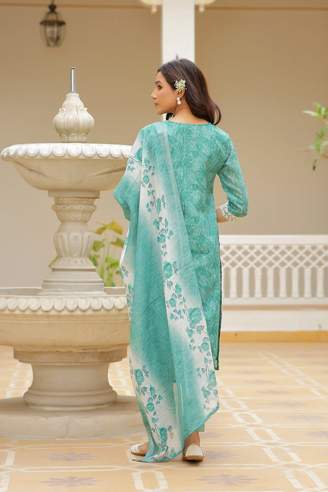 Vaasva Women Green Linen Kurta Embroidered Kurta Set With Solid Pants & Dupatta | Swadesiicart