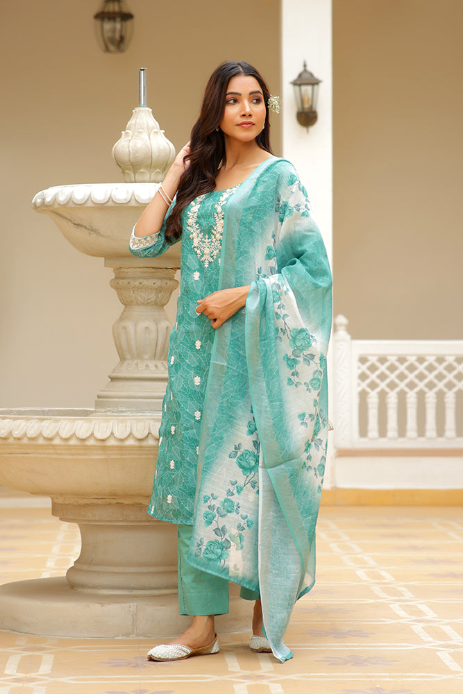 Vaasva Women Green Linen Kurta Embroidered Kurta Set With Solid Pants & Dupatta | Swadesiicart
