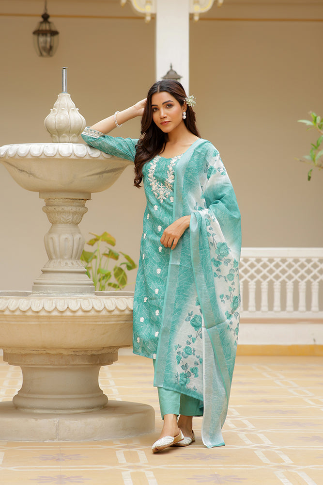 Vaasva Women Green Linen Kurta Embroidered Kurta Set With Solid Pants & Dupatta | Swadesiicart