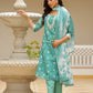 Vaasva Women Green Linen Kurta Embroidered Kurta Set With Solid Pants & Dupatta | Swadesiicart