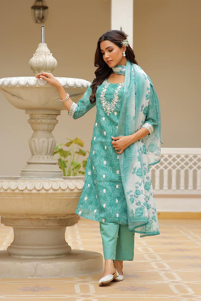 Vaasva Women Green Linen Kurta Embroidered Kurta Set With Solid Pants & Dupatta | Swadesiicart