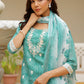 Vaasva Women Green Linen Kurta Embroidered Kurta Set With Solid Pants & Dupatta | Swadesiicart