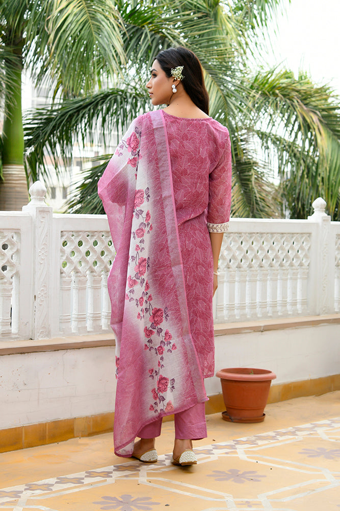 Vaasva Women Mangenta Linen Kurta Embroidered Kurta Set With Solid Pants & Dupatta | Swadesiicart