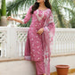 Vaasva Women Mangenta Linen Kurta Embroidered Kurta Set With Solid Pants & Dupatta | Swadesiicart