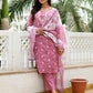 Vaasva Women Mangenta Linen Kurta Embroidered Kurta Set With Solid Pants & Dupatta | Swadesiicart
