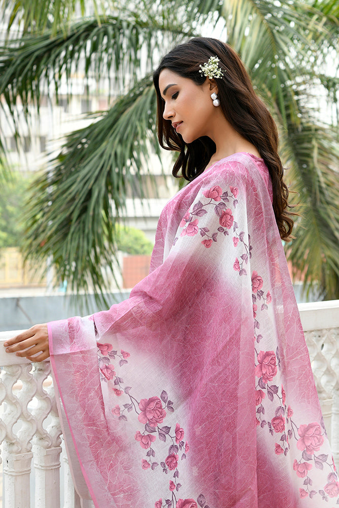 Vaasva Women Mangenta Linen Kurta Embroidered Kurta Set With Solid Pants & Dupatta | Swadesiicart