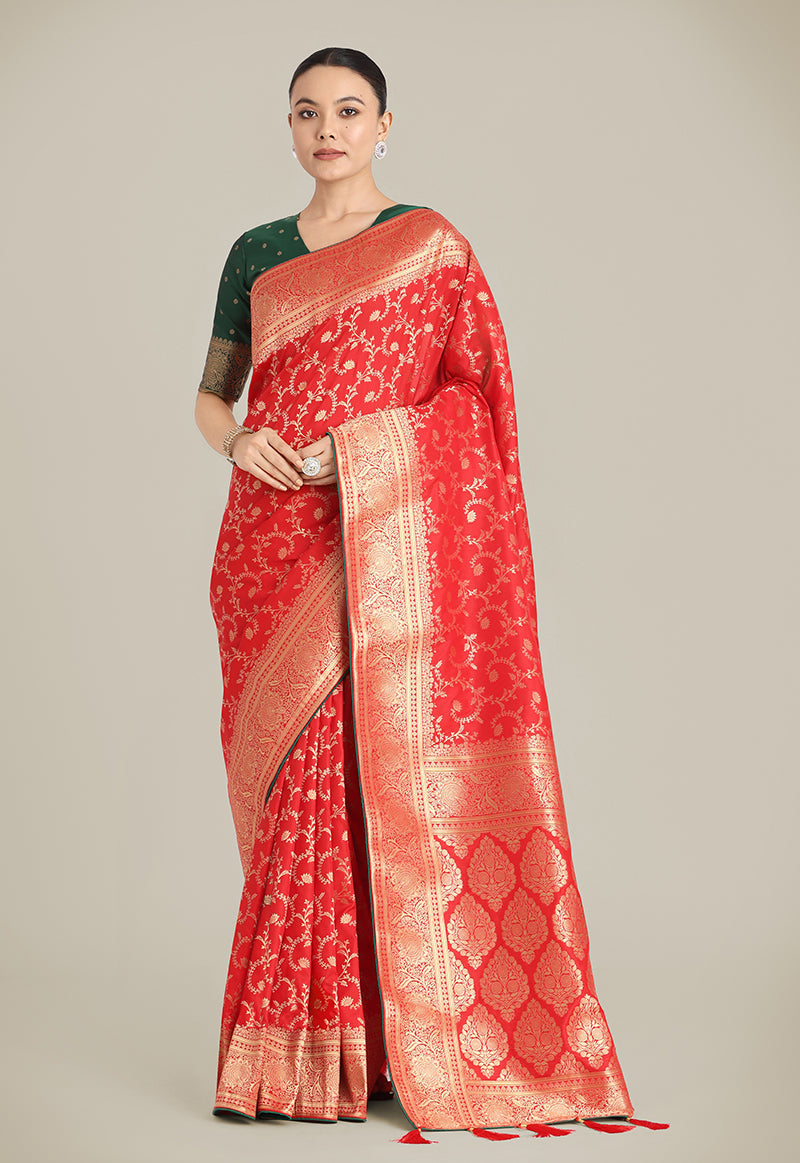 Monjolika Fashion Red Color Banarasi Silk Wedding Collection Saree | Swadesiicart