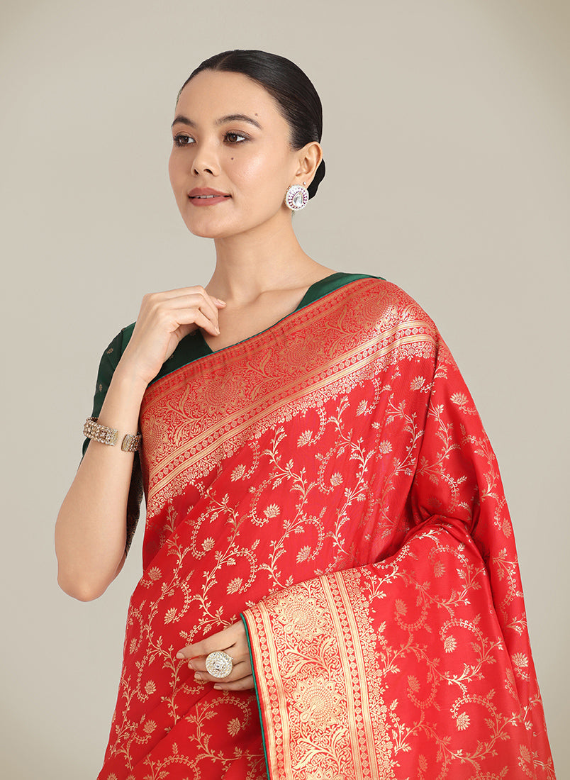 Monjolika Fashion Red Color Banarasi Silk Wedding Collection Saree | Swadesiicart