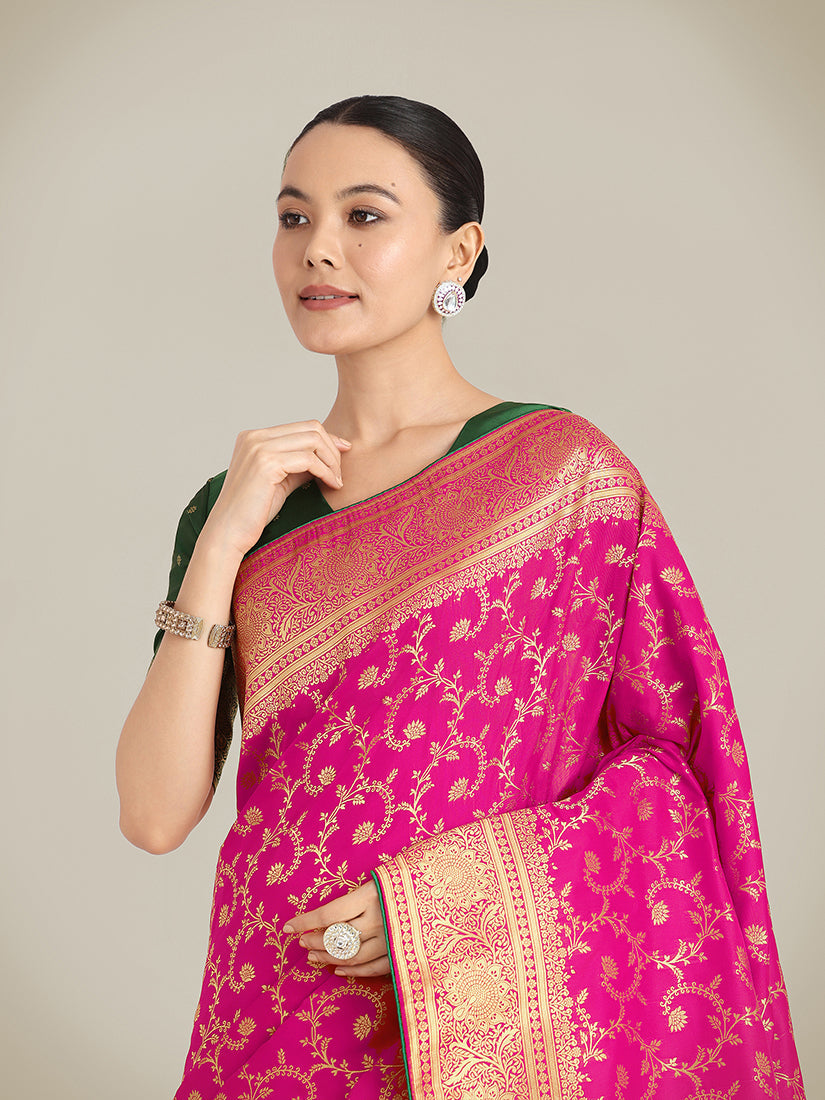 Monjolika Fashion Rani Pink Color Banarasi Silk Wedding Collection Saree | Swadesiicart